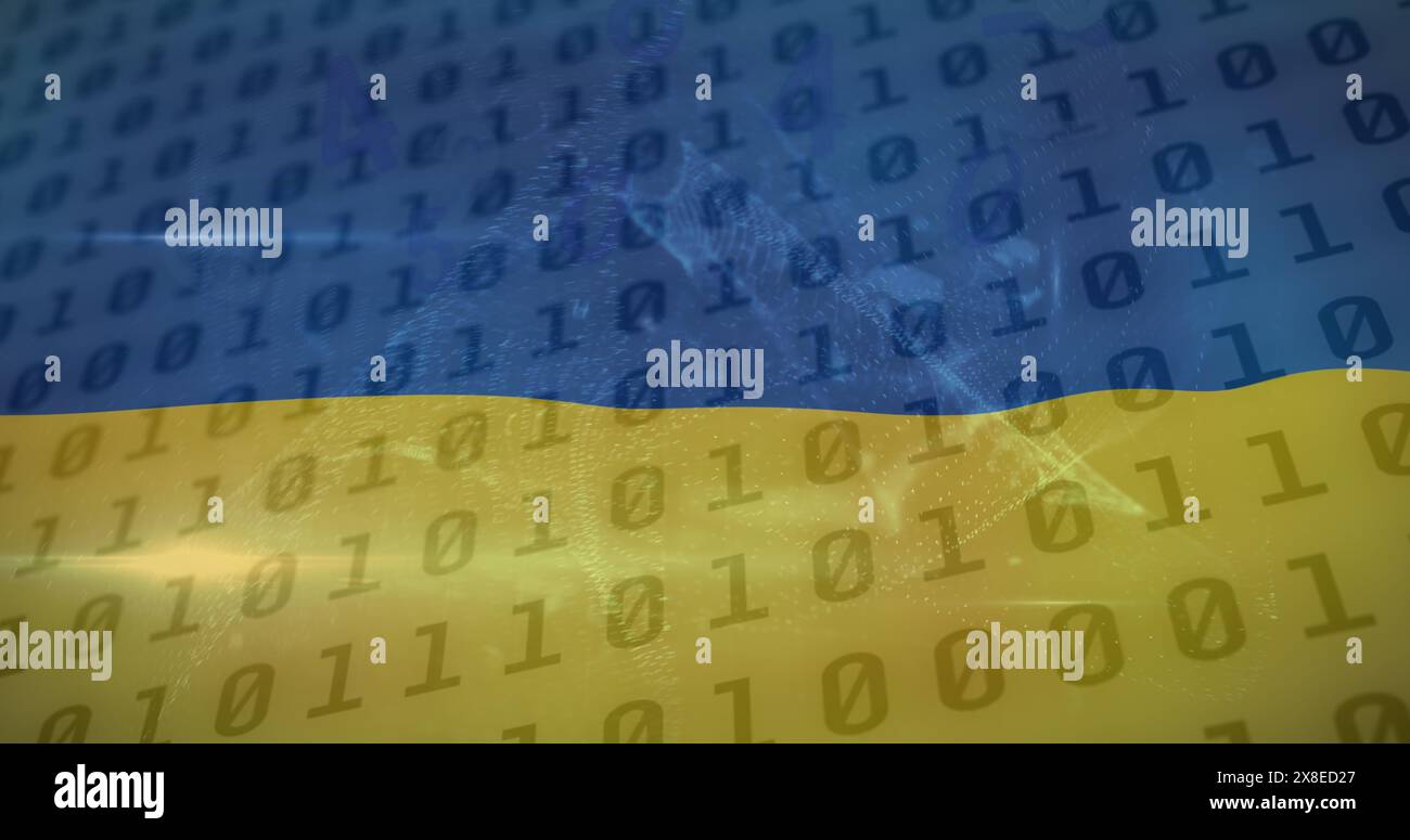 Ukrainische Flagge mit Binärcode zeigt blaue und gelbe Belastbarkeit an Stockfoto