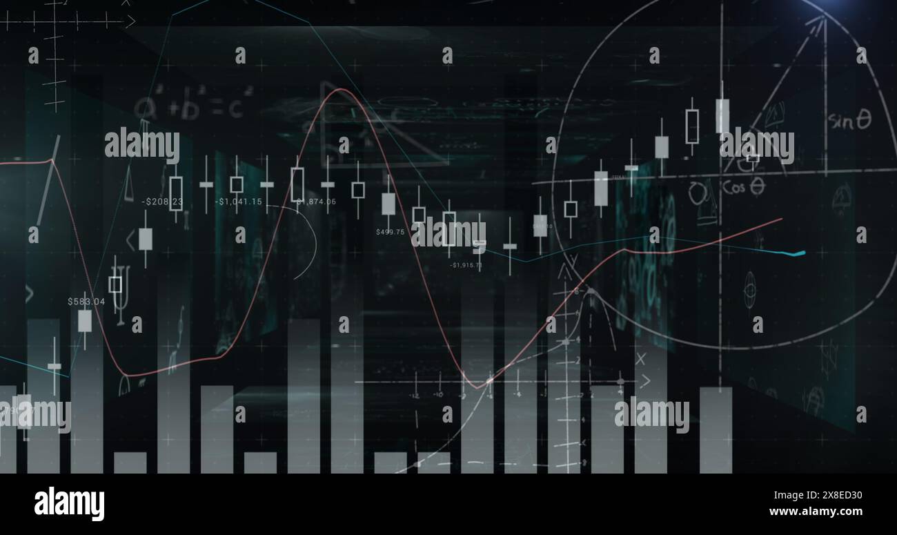 Komplexe mathematische Formeln und Diagramme, die den digitalen Bildschirm überlagern Stockfoto