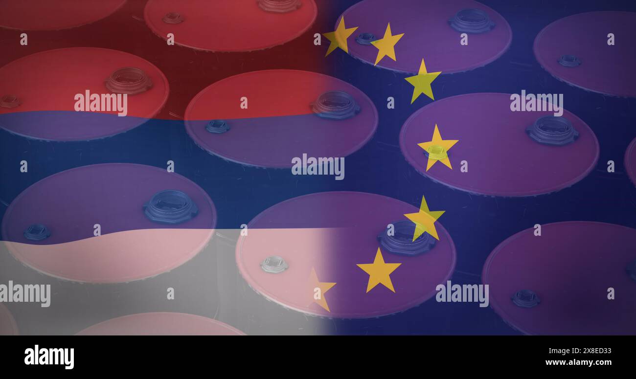 Violette und rote Kreise überlappen sich unter der Schicht mit gelben Sternen Stockfoto