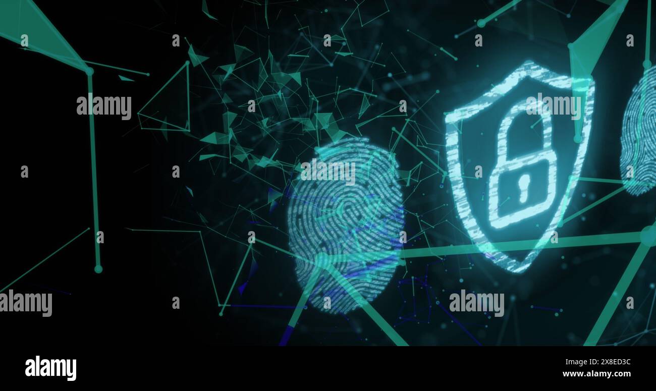 Digitale Grafiken eines Fingerabdrucks und eines Sicherheitsschildes schweben in einem grünen Netzwerk Stockfoto