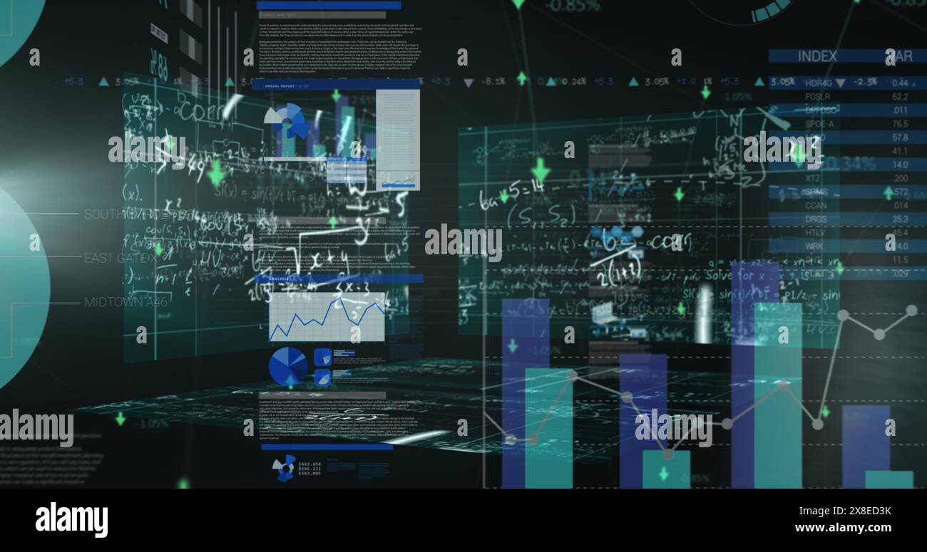 Es sind mehrere Bildschirme mit komplexen Datenanalysen und Finanzdiagrammen sichtbar Stockfoto