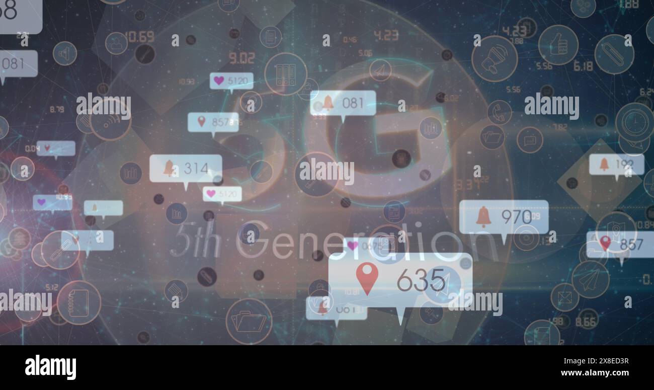 Schwebende digitale Symbole und Zahlen überlagern verschwommenen Hintergrund Stockfoto