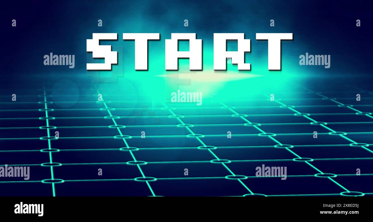 Hellblaue Neonlinien bilden ein Raster auf dunklem Hintergrund, das intensiv leuchtet Stockfoto