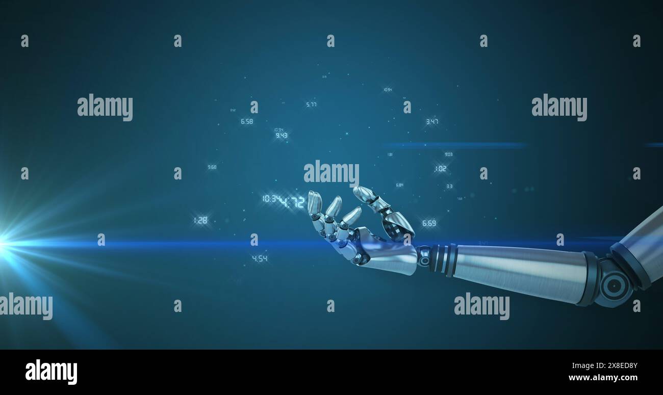 Roboterhand streckt aus, Zahlen schweben auf blauem Hintergrund Stockfoto