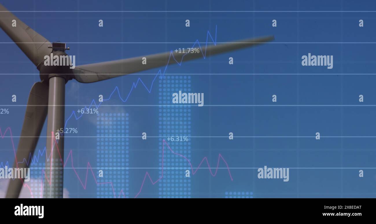 Windkraftanlage steigt gegen Diagramm mit steigenden Prozentsätzen an Stockfoto