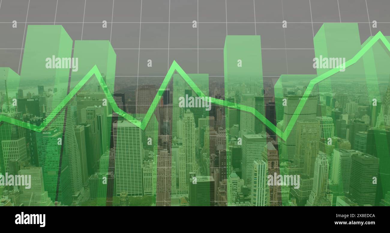 Diagrammüberlagerung mit grünem Hintergrund, der das Stadtbild abdeckt Stockfoto