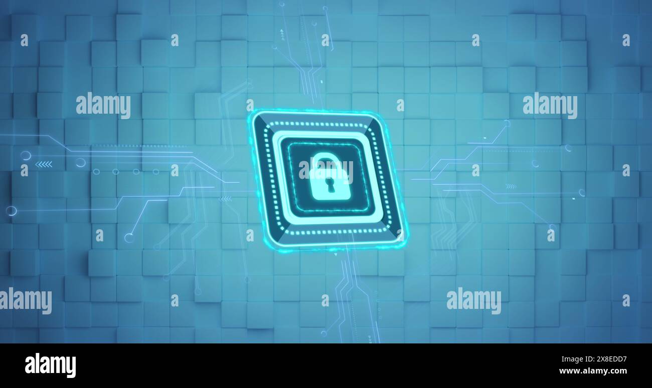 Bild eines digitalen Neon-Online-Sicherheitsvorhängeschlosses flackernd und grüne Blöcke, die sich im Hintergrund bewegen Stockfoto