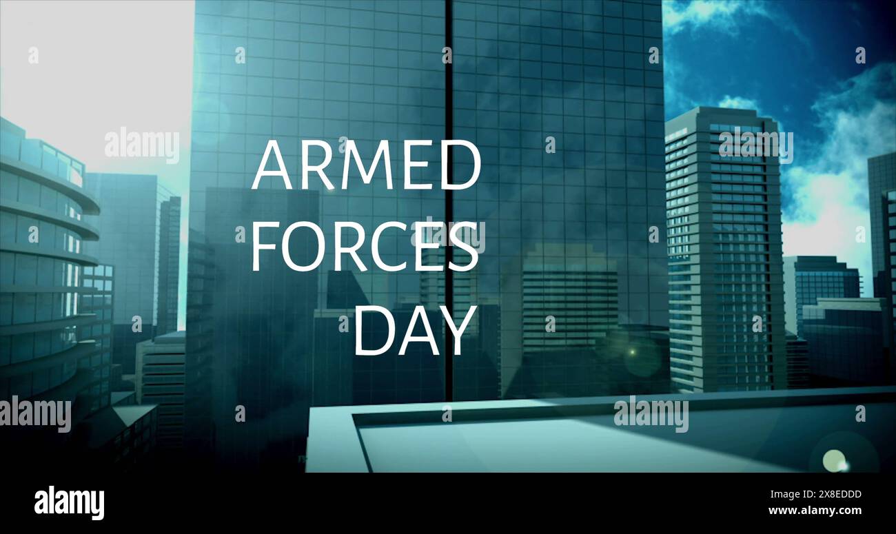 DER TAG DER STREITKRÄFTE überlagert das Stadtbild unter blauem Himmel Stockfoto