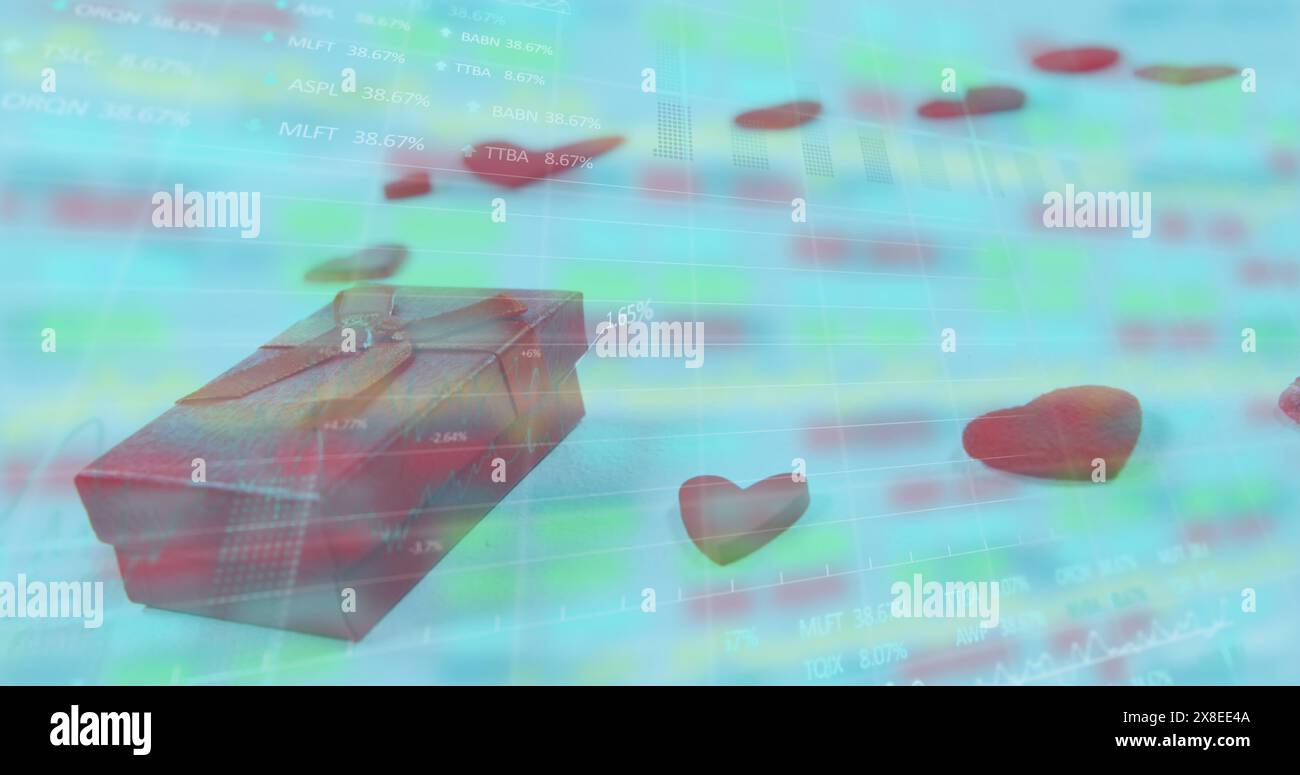Bild von Geschenkbox und Herz Formen über bewegten Grafiken und Trading-Board Stockfoto