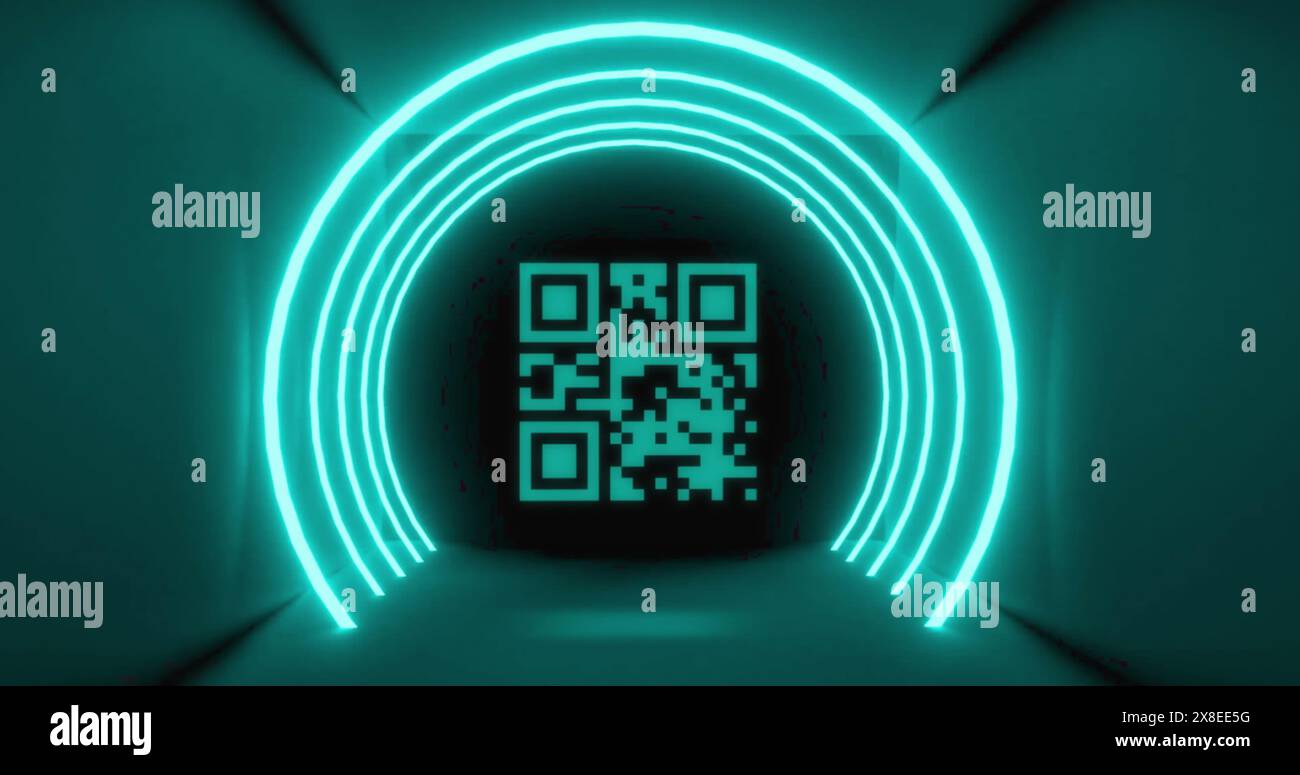 Abbildung: Flackernder qr-Code über kreisförmigen Neonlichtern Stockfoto