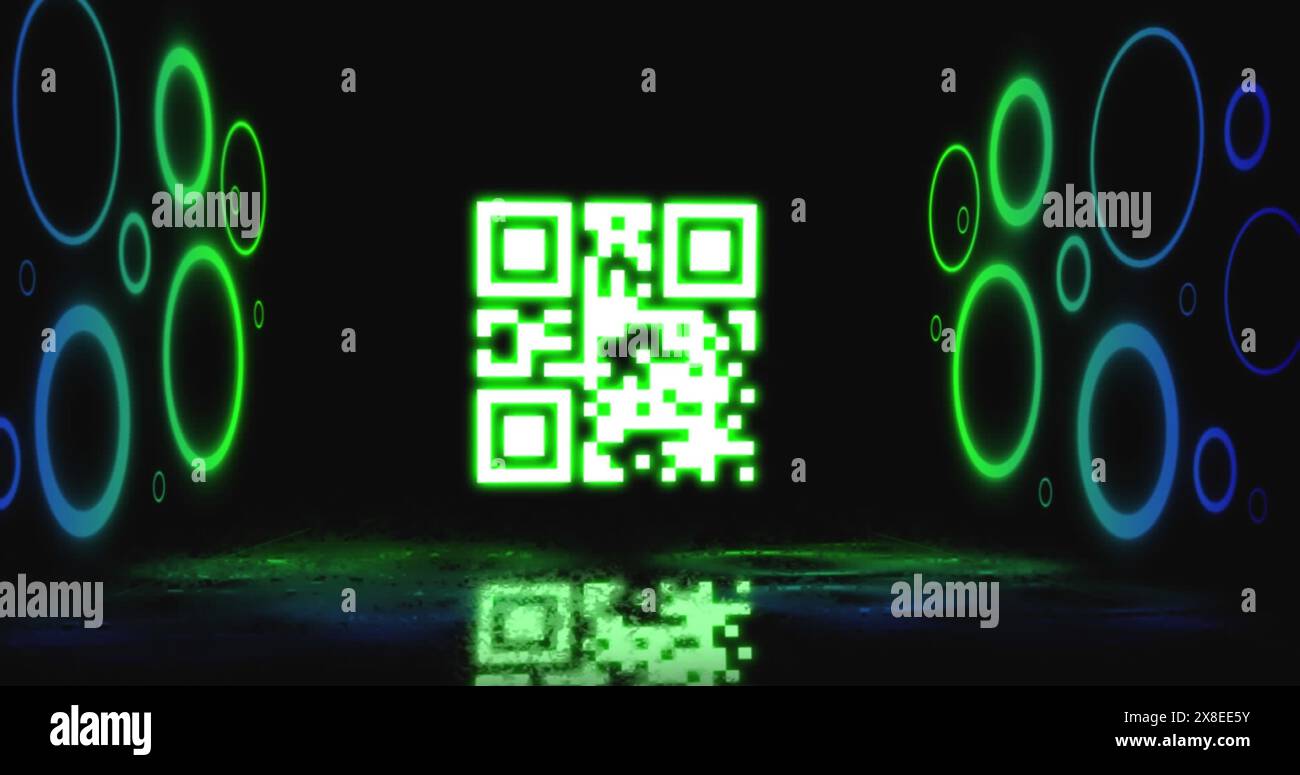 Abbildung: Flackernder qr-Code über kreisförmigen Neonlichtern Stockfoto