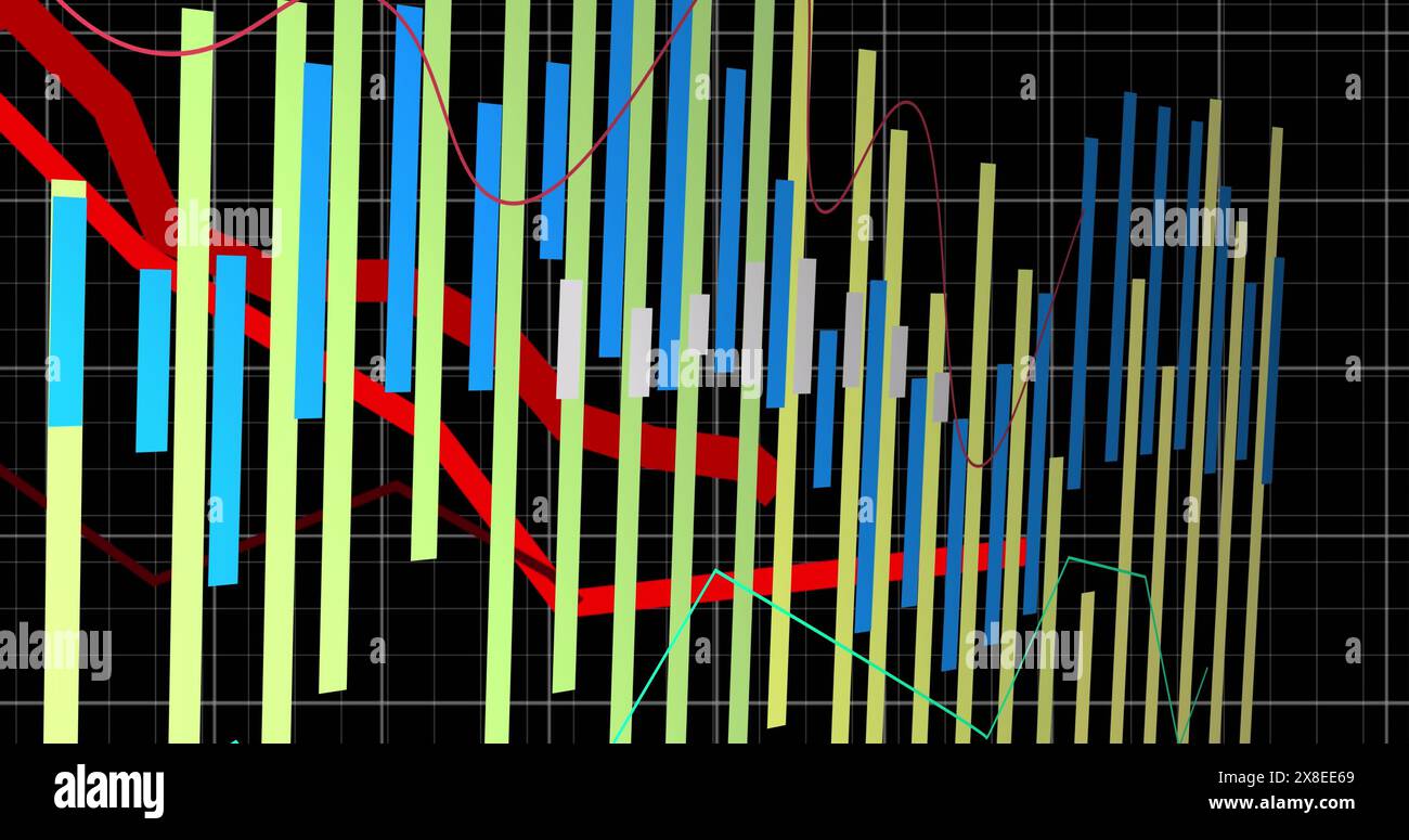 Abbildung der Statistiken mit roten und grünen Linien und Datenverarbeitung über Raster Stockfoto