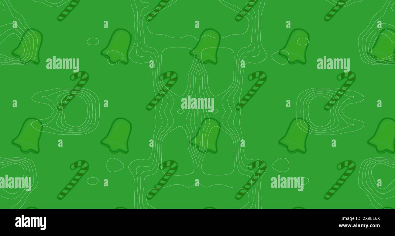Bild der Glocke und des Zuckerrohr-Symbols in nahtlosem Muster vor Topographie auf grünem Hintergrund Stockfoto