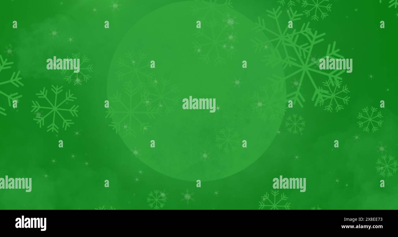 Abbildung: Schneeflocken-Symbole, die über ein rundes Banner fallen, mit Kopierraum vor grünem Hintergrund Stockfoto