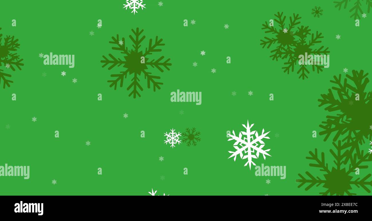 Abbildung der Schneeflocken-Symbole, die auf grünen Hintergrund fallen, mit Kopierraum Stockfoto