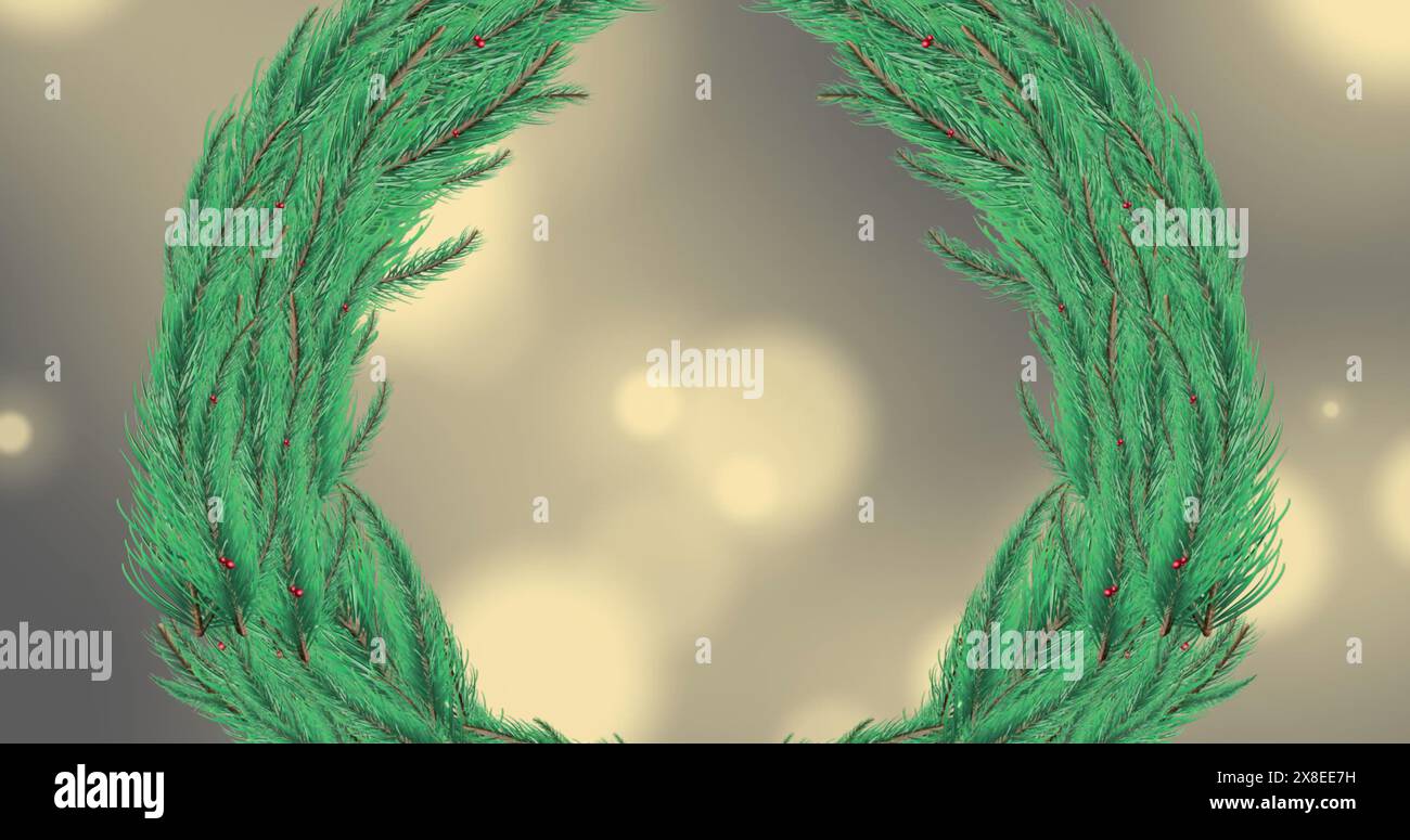 Grüne Tannenzweige bilden einen Kranz mit roten Beeren, vor einem weichen hellen Hintergrund Stockfoto