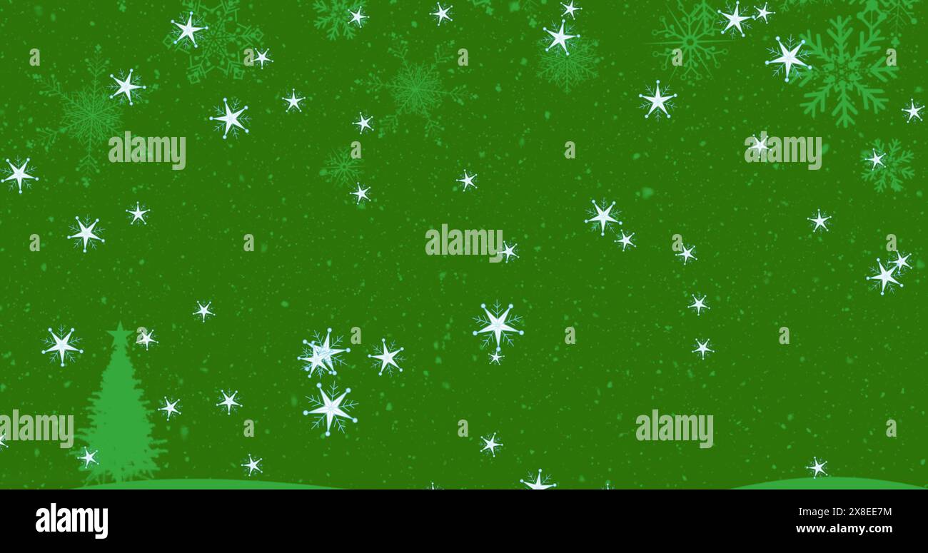 Schneeflocken mit unterschiedlichen Mustern fallen auf grünen Hintergrund Stockfoto