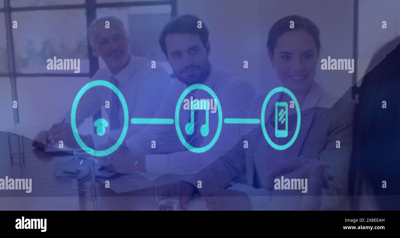 Drei digitale Symbole, die über einer Landschaft schweben Stockfoto