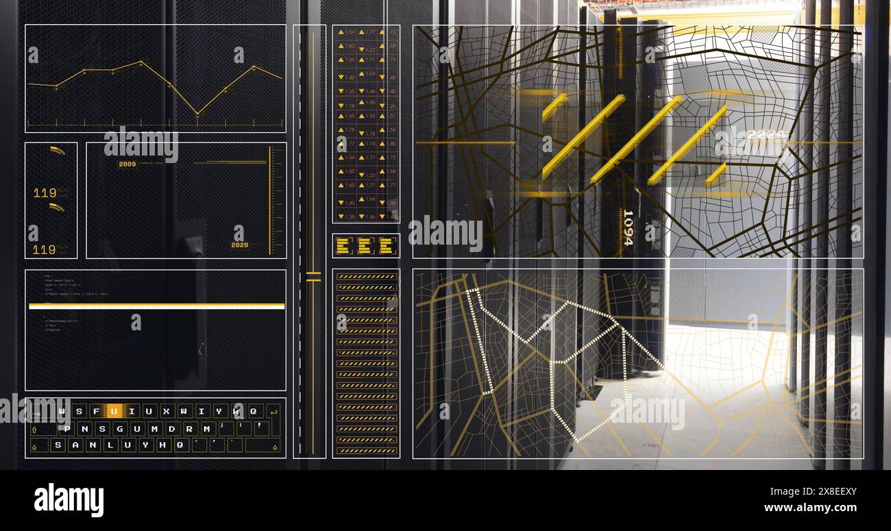 Bild des Diagramms, Ladekreise und -Balken, Linien, Navigationsmuster über dem Serverraum Stockfoto