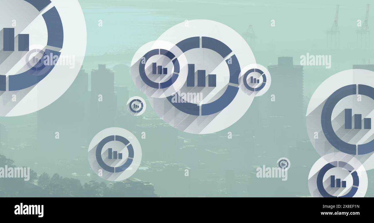 Bild mehrerer Balkendiagrammsymbole, die sich gegen die Luftaufnahme der Stadt bewegen Stockfoto