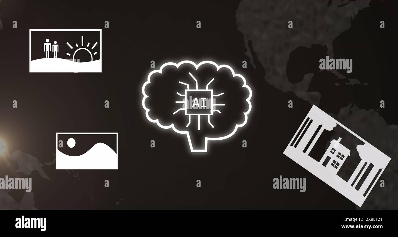 Bild des Gehirns mit Ai-Chat und Landschaftsbildern über den Globus Stockfoto