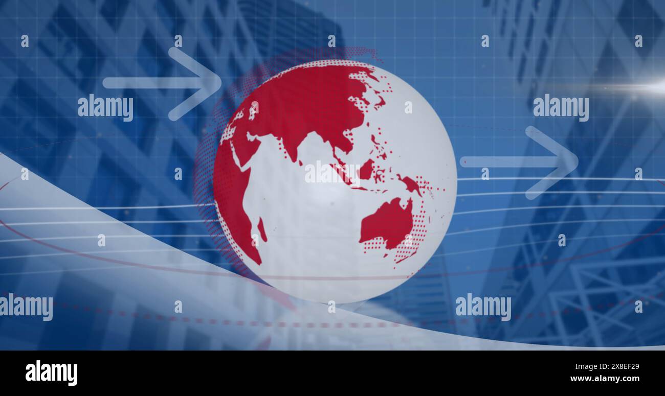 Bild einer sich drehenden Kugel und Pfeilsymbole gegen die niedrige Ansicht hoher Gebäude Stockfoto