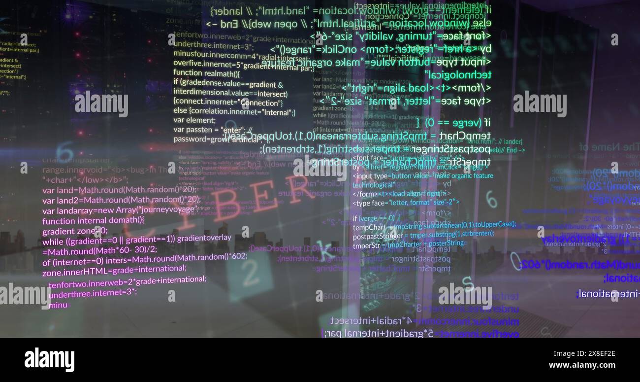 Bild der Datenverarbeitung im Computerserverraum mit Blick auf die Stadt Stockfoto