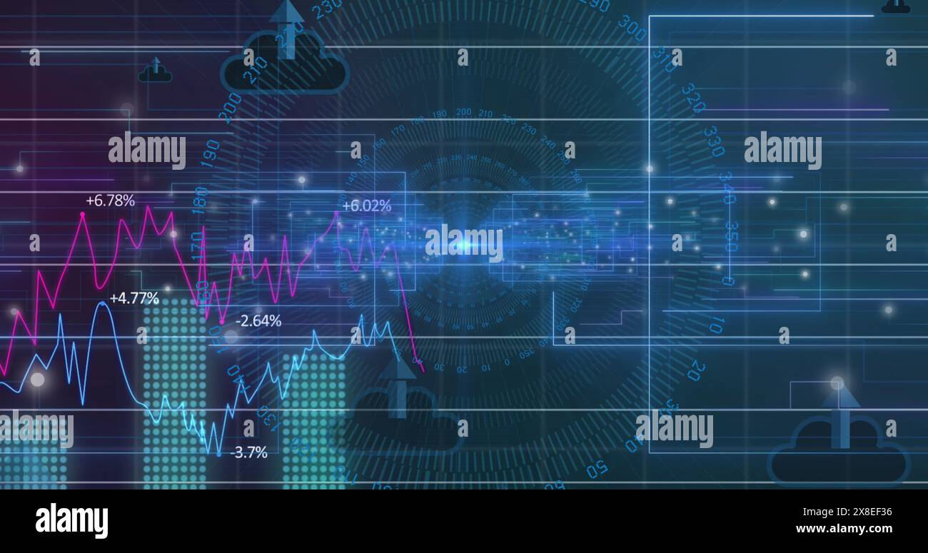 Abbildung der statistischen Datenverarbeitung und mehrerer Symbole zum Hochladen in der Cloud gegen den runden Scanner Stockfoto