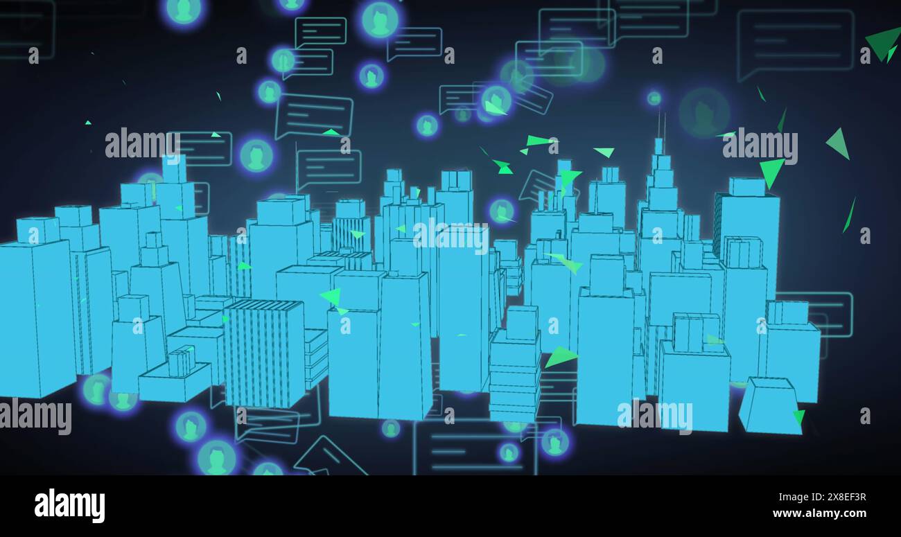 Bild von Formen und Mediensymbolen über der digitalen Stadt Stockfoto