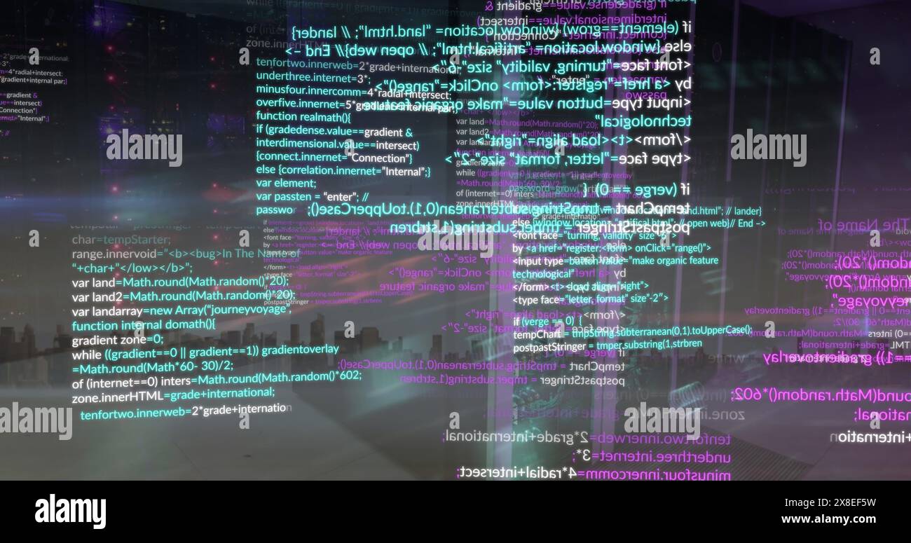 Bild der Datenverarbeitung im Computerserverraum mit Blick auf die Stadt Stockfoto