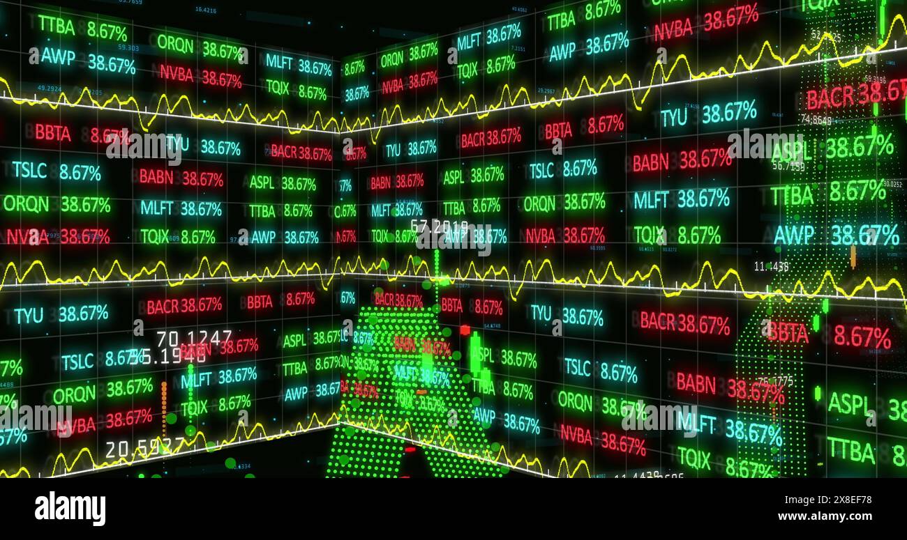 Bild der Verarbeitung von Finanz- und Börsendaten vor schwarzem Hintergrund Stockfoto