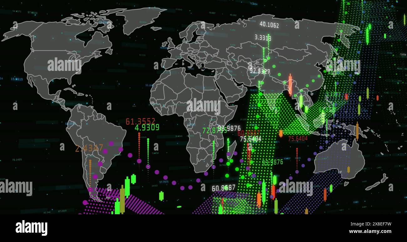 Bild des Globus mit Netzwerk von Verbindungen mit Symbolen auf der Weltkarte Stockfoto