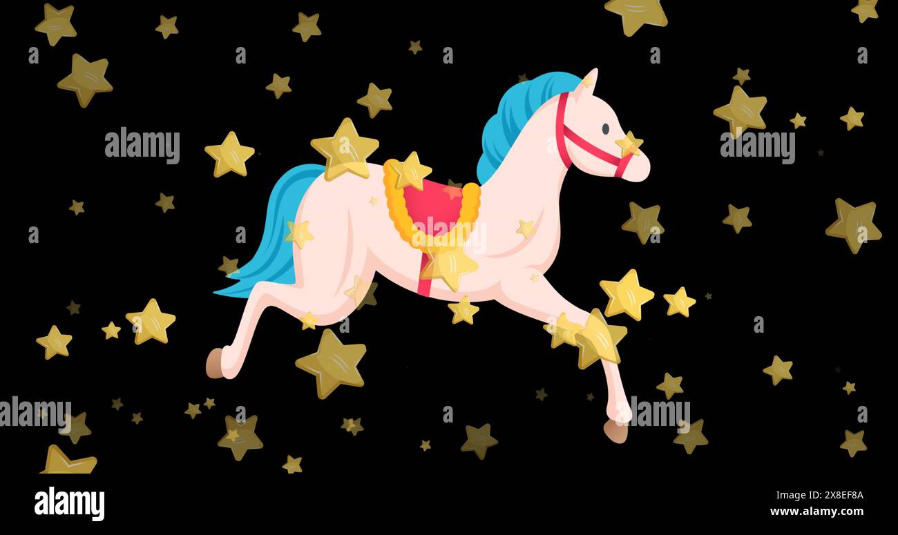 Bild von Pferden und goldenen Sternen, die auf schwarzem Hintergrund fallen Stockfoto