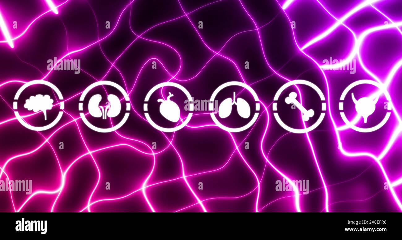 Bild mehrerer medizinischer Symbole über leuchtenden Lichtspuren vor violettem Hintergrund Stockfoto