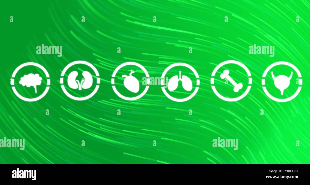 Bild mehrerer medizinischer Symbole über welligen Lichtspuren vor grünem Hintergrund Stockfoto