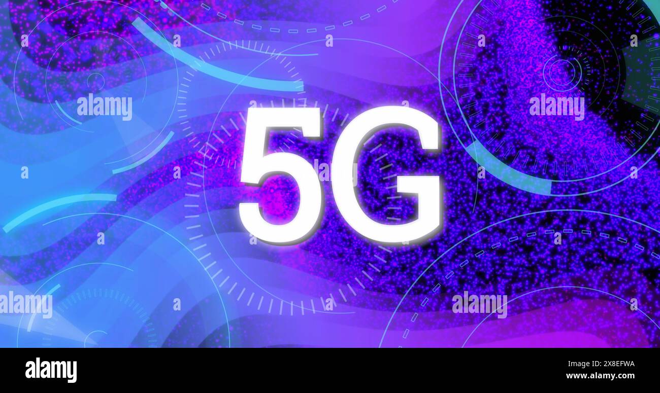 Bild: 5g-Textbanner, runde Scanner und violette digitale Welle auf schwarzem Hintergrund Stockfoto