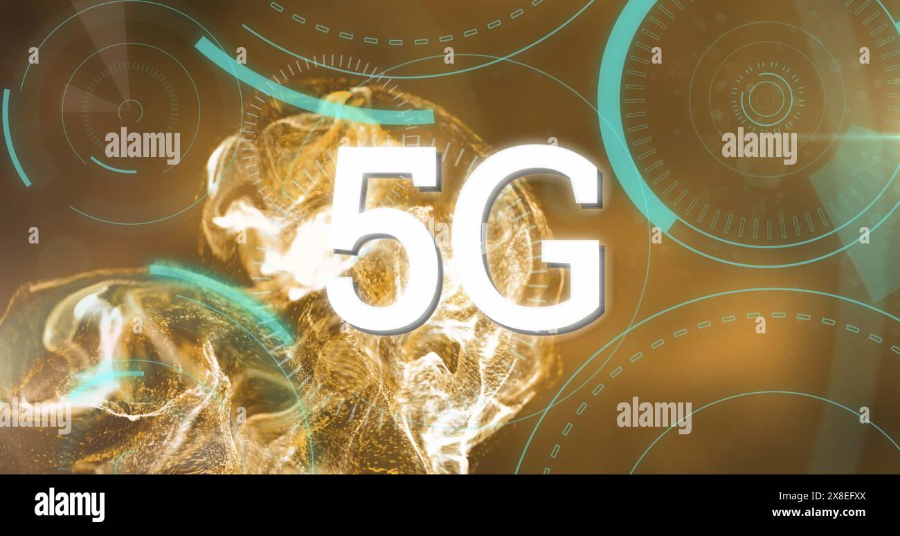 Bild: 5g-Textbanner, runde Scanner und digitale Welle auf orangefarbenem Hintergrund Stockfoto