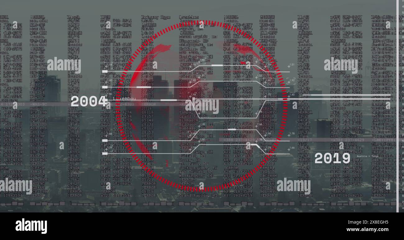 Bild eines sich drehenden Globus im Kreis, wechselnde Zahlen über dem modernen Stadtbild Stockfoto