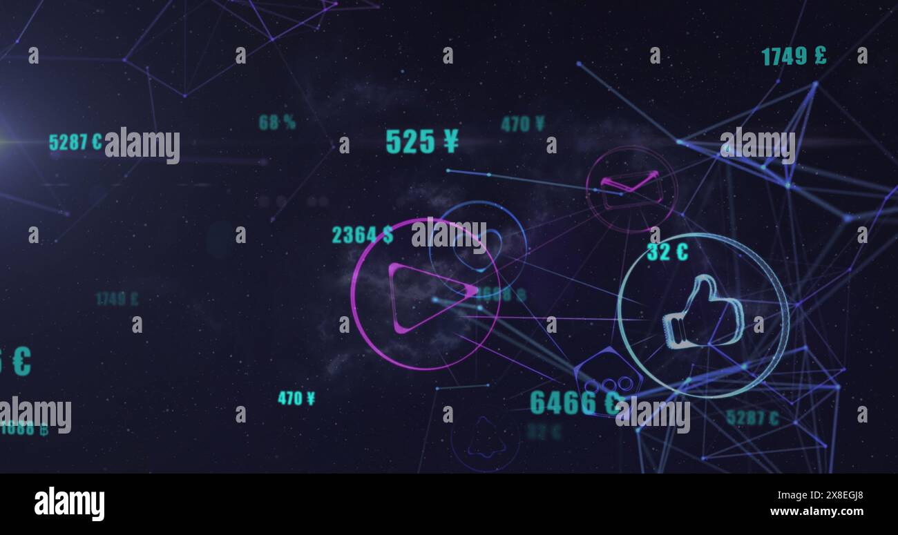 Bild des Netzwerks aus digitalen Symbolen und Lichtflecken vor dem Hintergrund Stockfoto