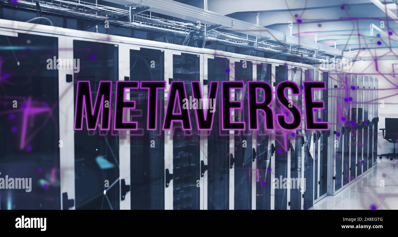 Abbildung des Metaverstextes über verbundenen Punkten auf Datenserver-Racks im Serverraum Stockfoto