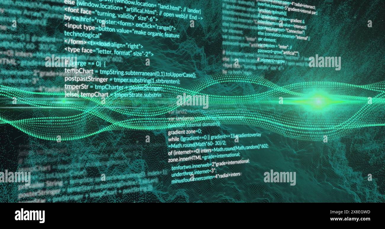Bild des Wellenmusters und der Computersprache mit dynamischen Wellen auf schwarzem Hintergrund Stockfoto
