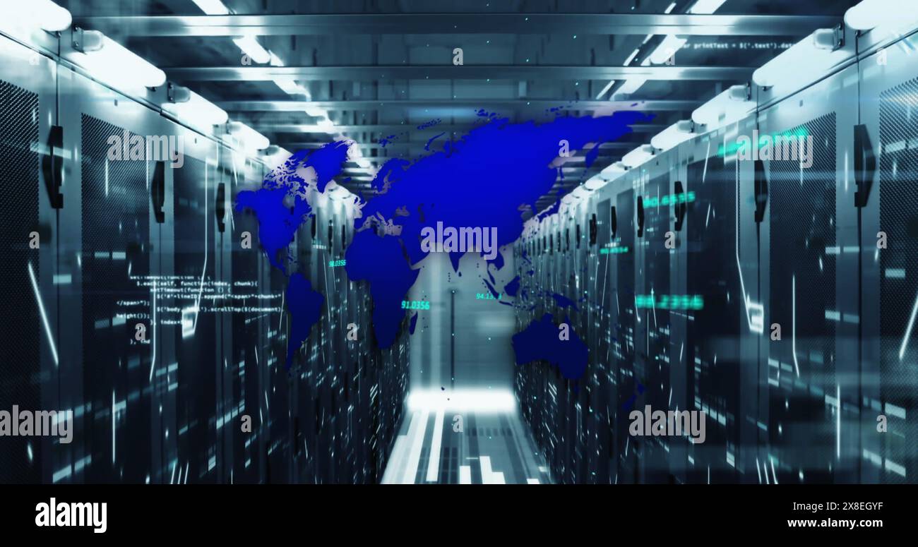 Abbildung der Computersprache und Abbildung über verbundenen Punkten auf Datenserver-Racks Stockfoto