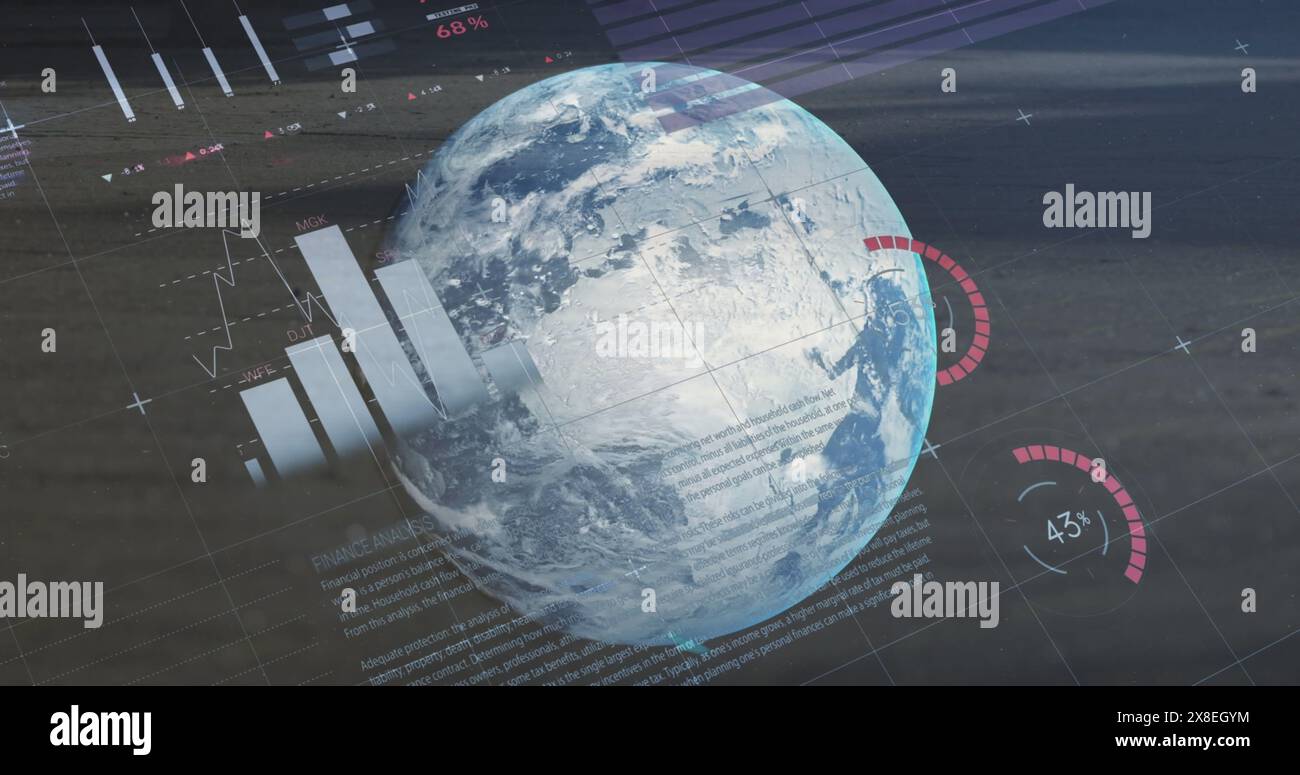 Bild einer mehrfarbigen Infografik-Schnittstelle über rotierendem Globus und Raum Stockfoto