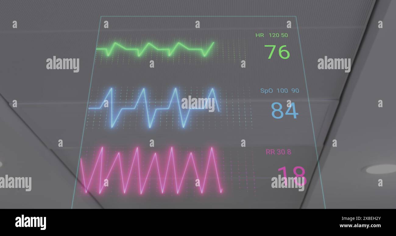 Bild des Herzfrequenzmessers vor Sicht auf das Dach des Krankenhauses Stockfoto