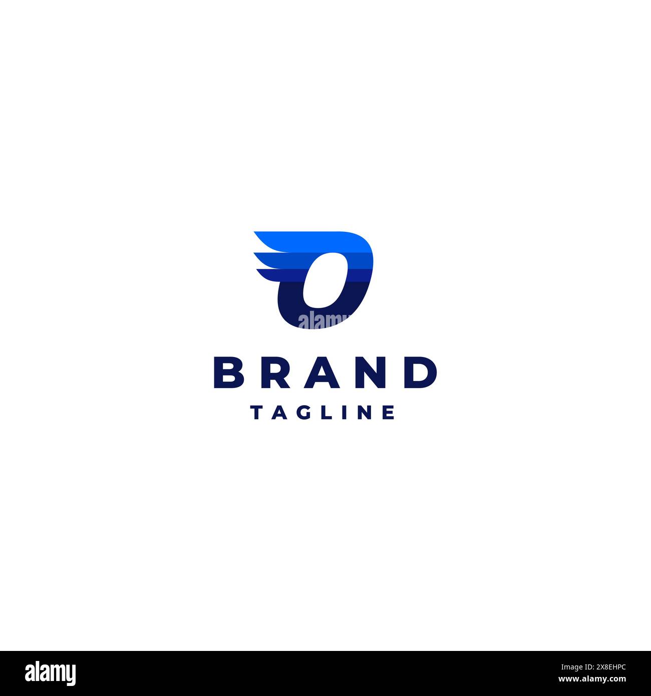 Buchstabe O mit Flügeln auf blauem Farbmotiv. Einfaches Logo mit Initialen des Buchstaben O und blauen Flügelstreifen. Stock Vektor