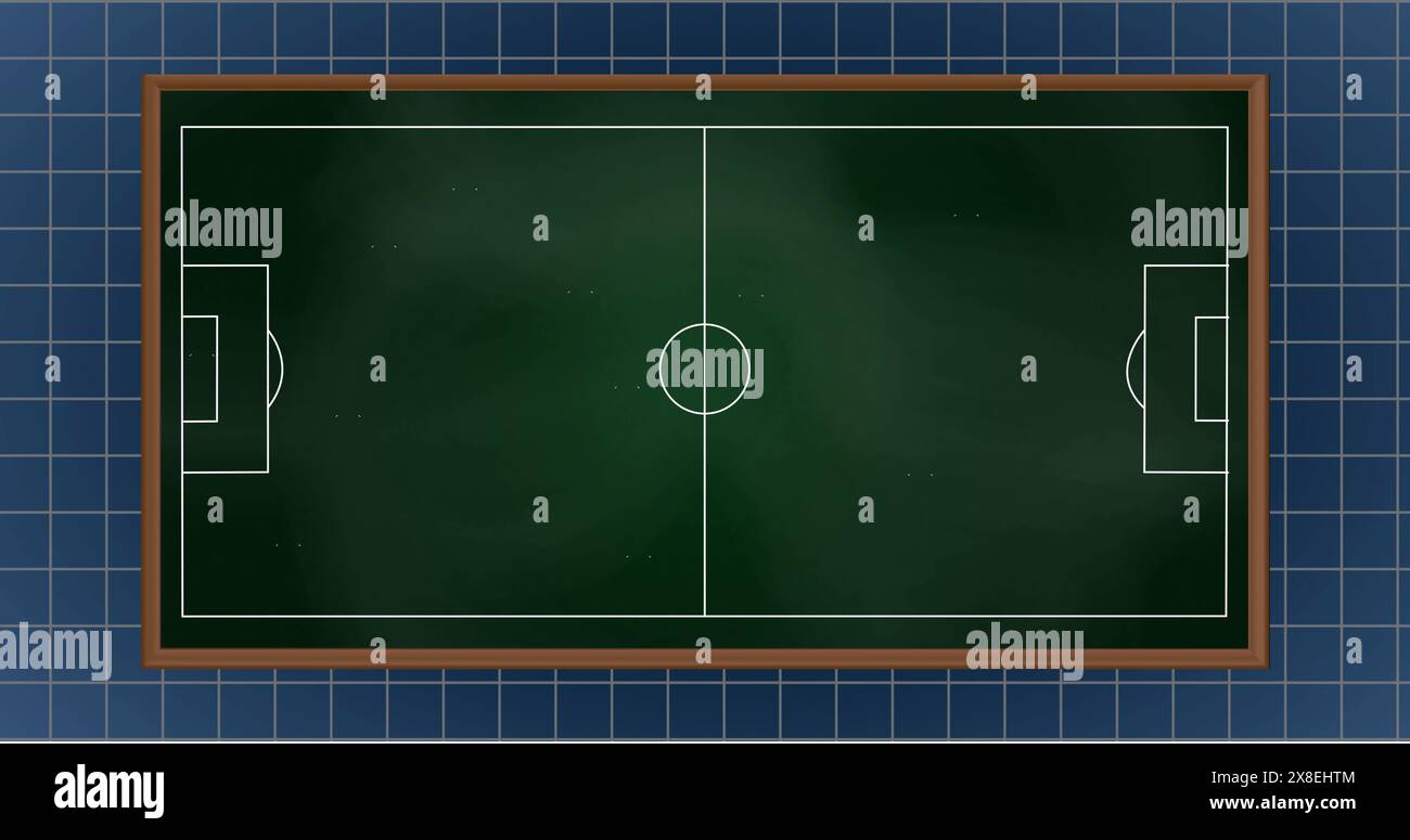 Bild des Pfeils auf dem Fußballplatz mit Gittermuster auf blauem Hintergrund Stockfoto