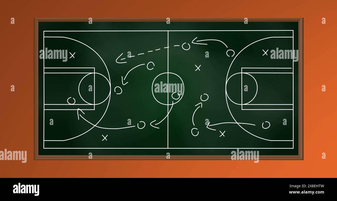 Bild des Pfeils auf dem Basketballfeld auf orangem Hintergrund Stockfoto