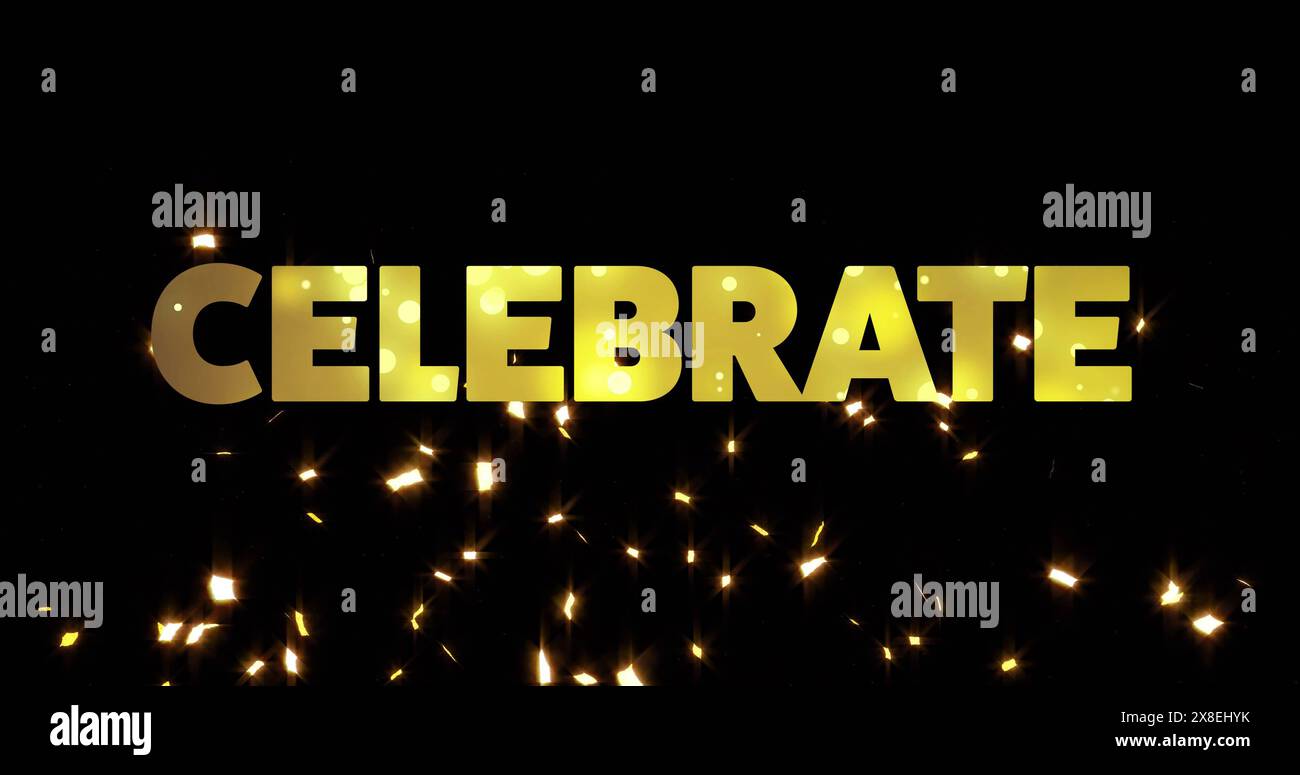 Bild: Festtext über Konfetti und Feuerwerk, das auf schwarzem Hintergrund explodiert Stockfoto