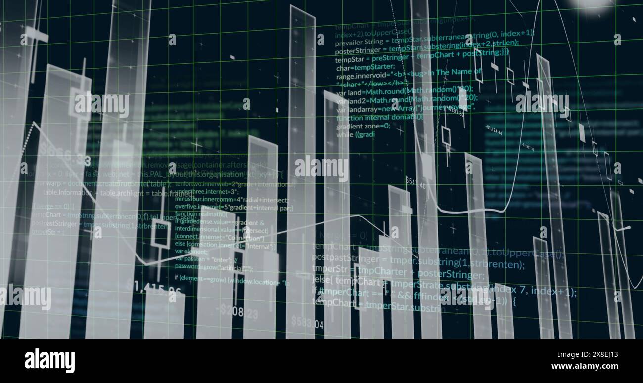 Bild der Datenverarbeitung über Diagrammen auf schwarzem Hintergrund Stockfoto