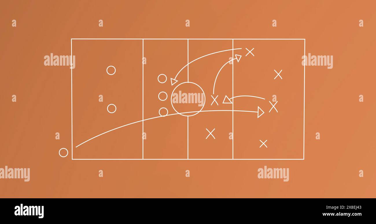 Bild des Spielplans mit Pfeilen, Kreisen und x-Symbol auf dem Sportplatz Stockfoto